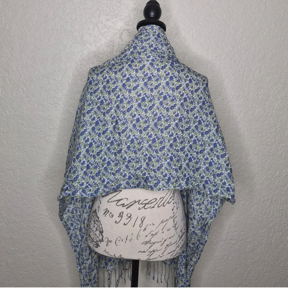 Blue Floral Lightweight Scarf Fringed Rectangle Shawl Wrap Green Botanical Print